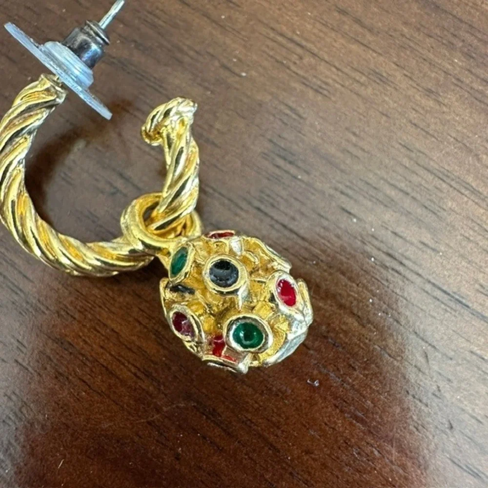Vintage Gold Tone Twisted Hoop Dangle Earrings Multi Color Rhinestone Posts